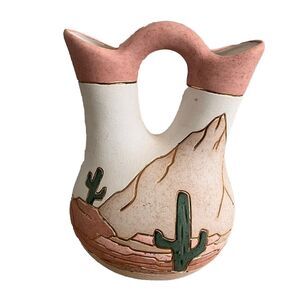 Pink Gold Cactus Desert Vase Ceramic Native American Artist S. Bauer Signed